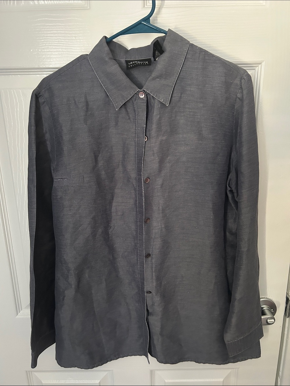 Liz Claiborne Slate Gray Button-Front Long Sleeve Blouse
